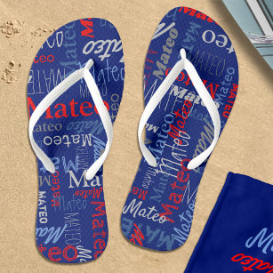 Custom name all over graphic text gray blue red  flip flops