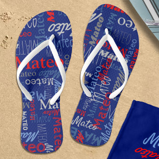 Custom name all over graphic text gray blue red flip flops