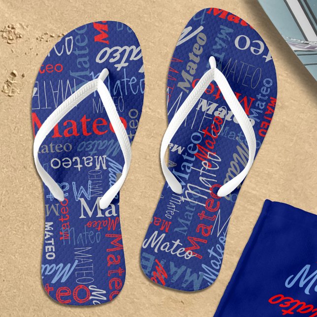 Custom name all over graphic text gray blue red  flip flops (Matching beach towel is available)