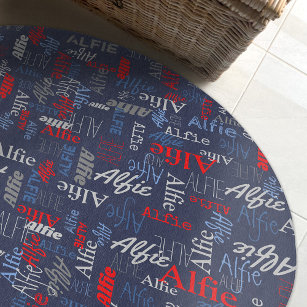 Custom name all over graphic text gray blue red rug