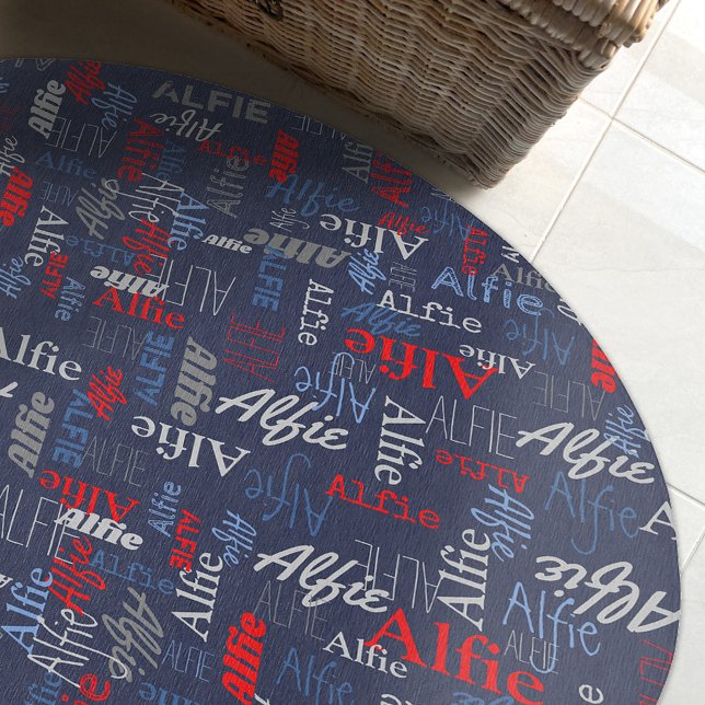 Custom name all over graphic text gray blue red rug (Creator Uploaded)