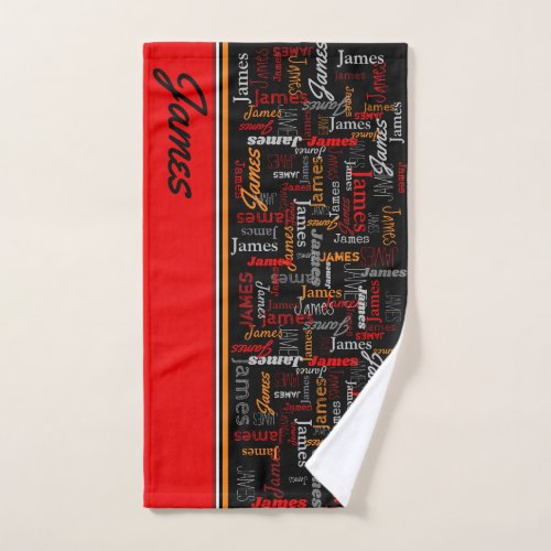 Custom name all over graphic text red orange black hand towel 