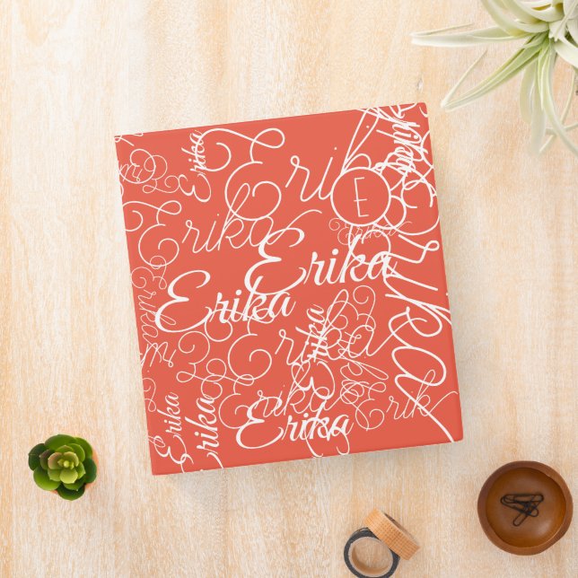 Custom Name all over Modern Monogram Orange-Red 3 Ring Binder (In Situ)