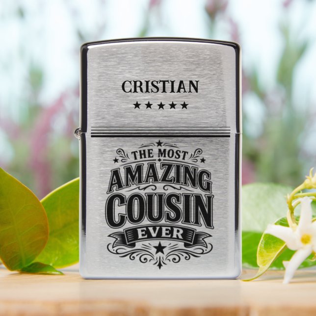 Custom Name Amazing Cousin Ever Zippo Lighter (On Table)