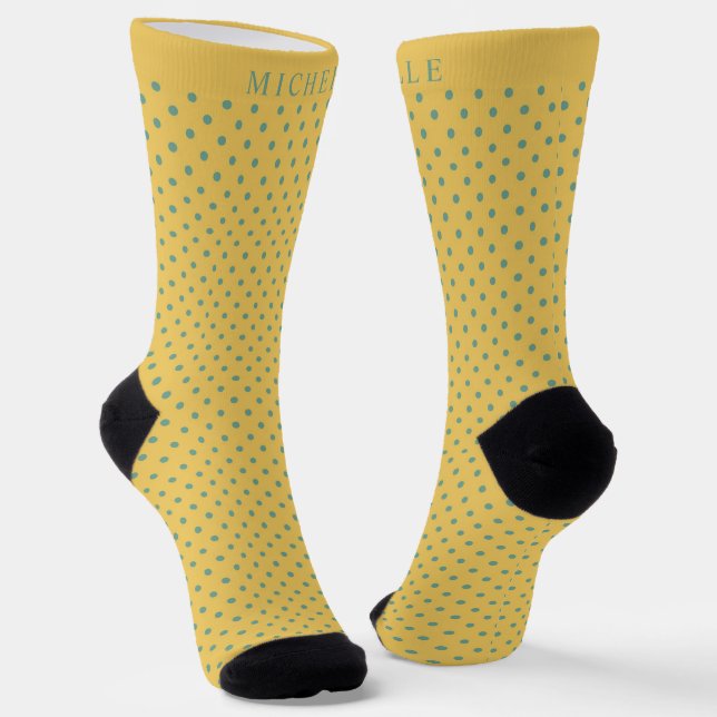 Custom Name Amber Golden  Yellow Green Polka Dot Socks (Angled)