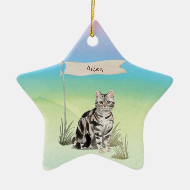 Custom Name American Short Hair Pet Cat Ceramic Ornament (Front)