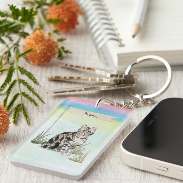 Custom Name American Short Hair Pet Cat Keychain (Front Right)