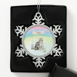 Custom Name American Short Hair Pet Cat Snowflake Pewter Christmas Ornament