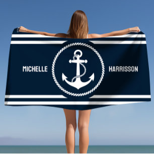 Custom Name Anchor & Rope Nautical Marine Beach Towel