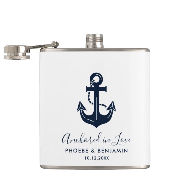 Custom Name Anchor Wedding Party  Nautical Gift Flask (Opened)
