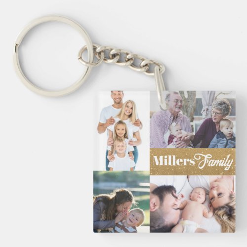 Custom name and 4 photo collage gold keychain