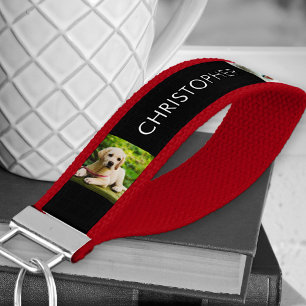 Custom Name and 6 Photo   Black White Wrist Keychain