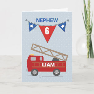 Custom Name and Age 6th Birthday Nephew, Firetruck Card