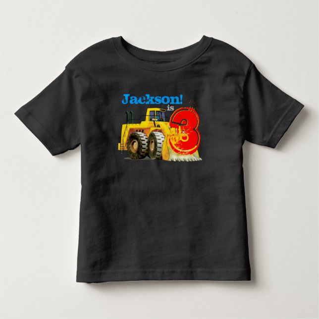 Custom Name and Age Boy's Giant Yellow Digger 3rd Toddler T-shirt (Front)