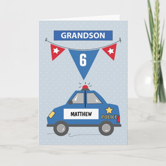 Custom Name and Age Grandson 6th Birthday Police Card (Front)