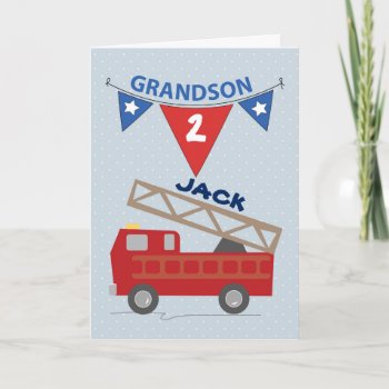 Custom Name And Age Grandson Firetruck Card by sandrarosecreations at Zazzle