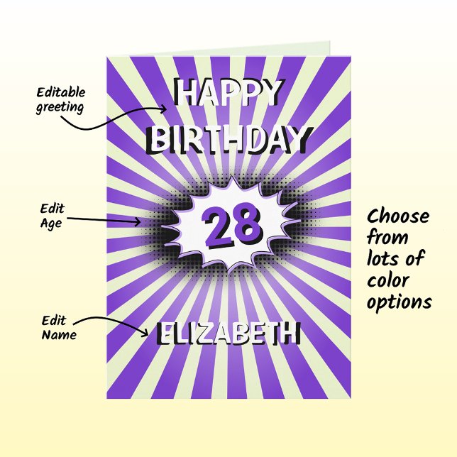 Custom name and age purple splash retro birthday card (Creator Uploaded)