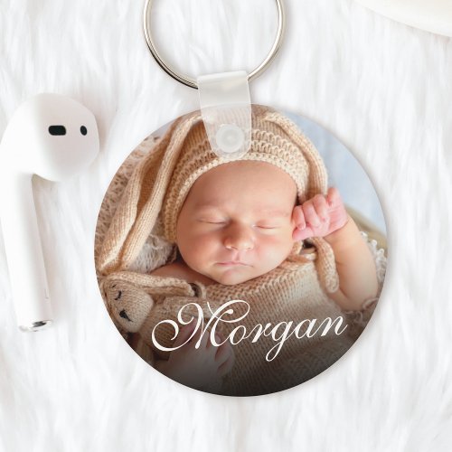 Custom Name And Baby Photo Pretty Classy Script Keychain