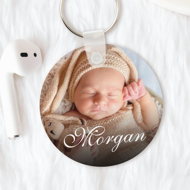 Custom Name And Baby Photo Pretty Classy Script Keychain (Creator Uploaded)