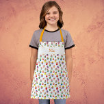 Custom Name and Cupcake Print Apron for Kids<br><div class="desc">Cute cupcake apron for kids. Decorated with a pretty and colorful pattern made of cupcakes. Personalized with a custom name that you can customize with your own name or short text. Great gift for a kid who loves to bake or eat cupcakes and other sweets and desserts.</div>