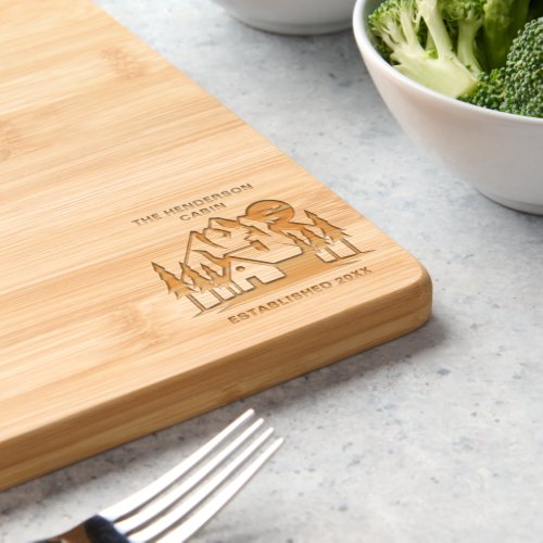 Custom Name and Date Cabin and Mountains Cutting Board