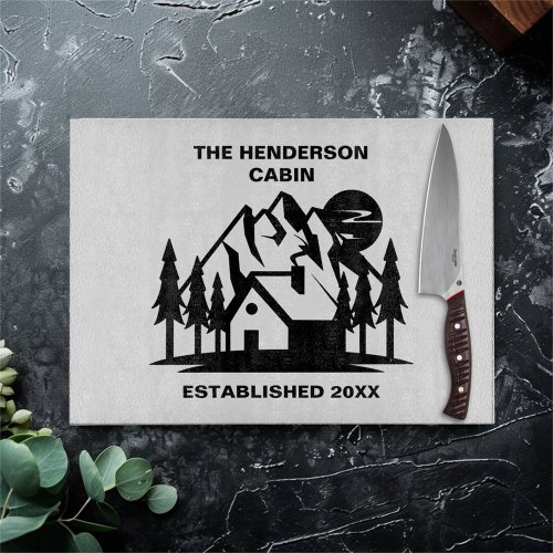 Custom Name and Date Cabin and Mountains Cutting Board