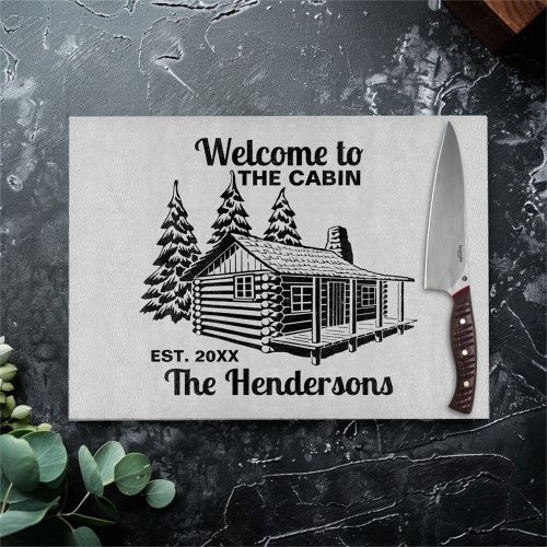 Custom Name and Date Log Cabin with Trees Cutting Board