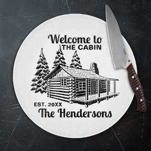 Custom Name and Date Log Cabin with Trees Cutting Board