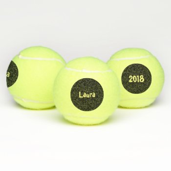 Custom Name And Date On Black Dot Tennis Balls by KreaturShop at Zazzle