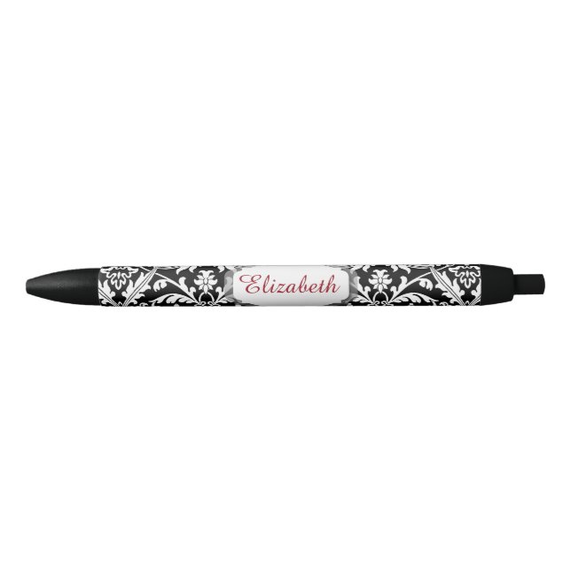 Custom Name and Elegant Black and White Damask A21 Pen (Front)