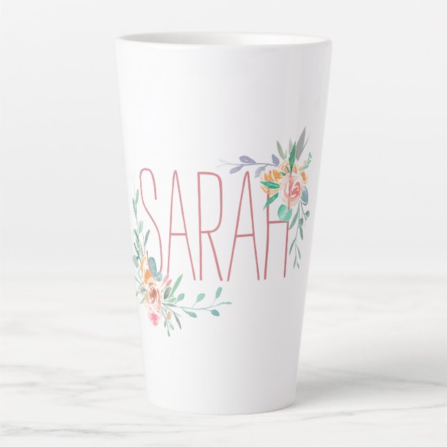 Custom Name And Floral Coral And Green Latte Mug (Front)