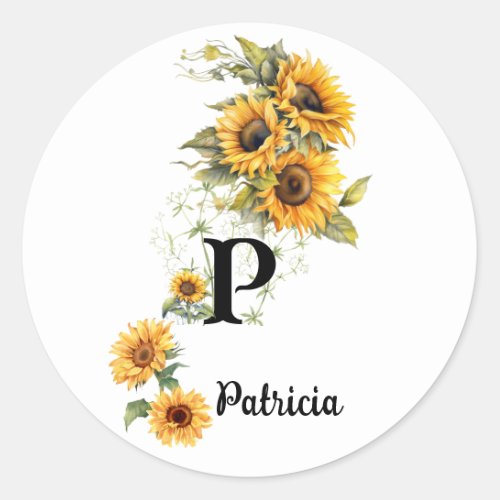 Custom Name and Initial Chic Sunflowers Yellow Classic Round Sticker