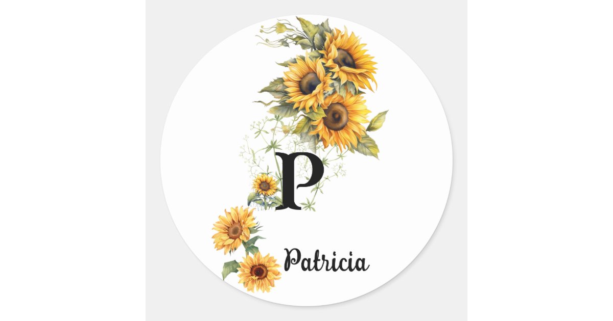 Custom Name and Initial Chic Sunflowers Yellow Classic Round Sticker ...