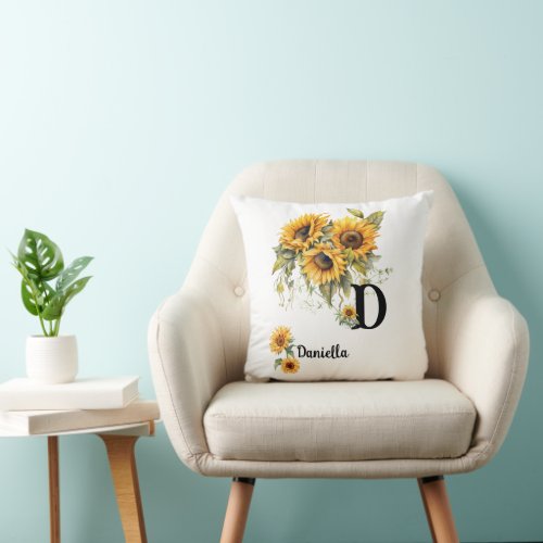 Custom Name and Initial Chic Sunflowers Yellow Throw Pillow