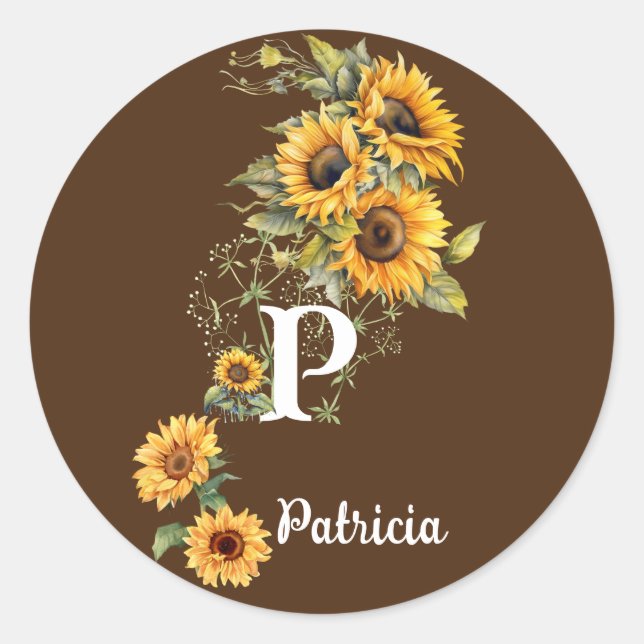Custom Name and Initial Cute Sunflowers Yellow Classic Round Sticker (Front)