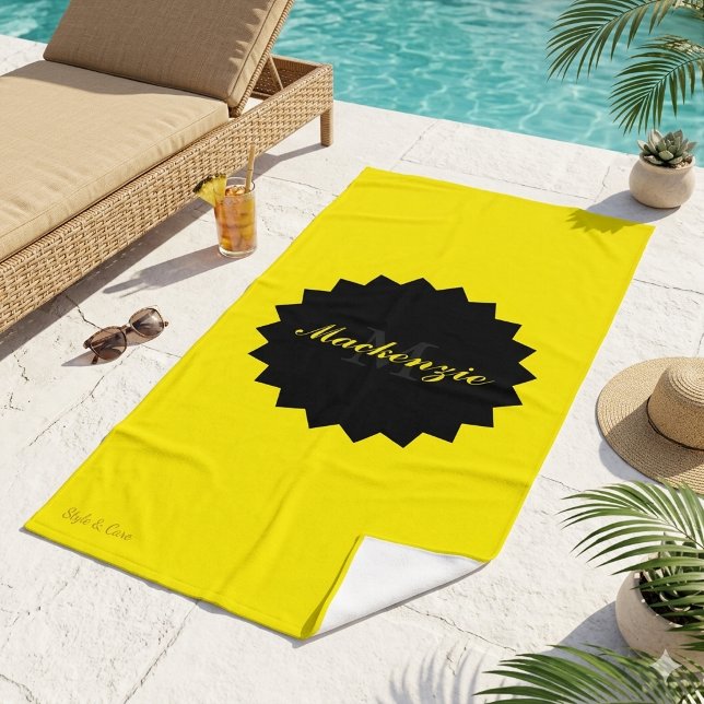Custom Name and Initial in Sunny Yellow Beach Towel (Custom Name and Initial in Sunny Yellow Beach Towel)