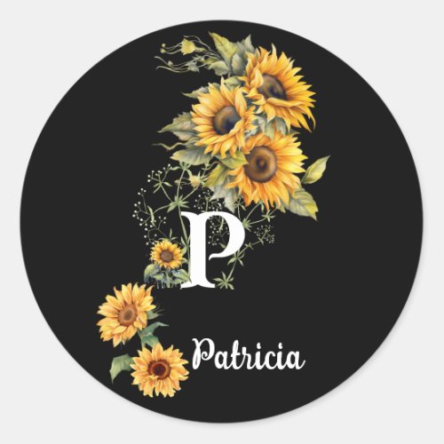 Custom Name and Initial Modern Sunflowers Yellow Classic Round Sticker