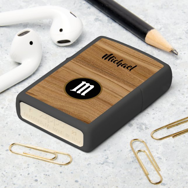 custom name and initial monogram faux wood rustic zippo lighter (On Table 2)
