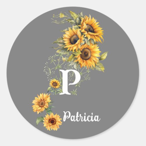 Custom Name and Initial Summer Sunflowers Yellow Classic Round Sticker