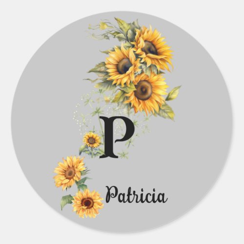 Custom Name and Initial Summer Sunflowers Yellow Classic Round Sticker