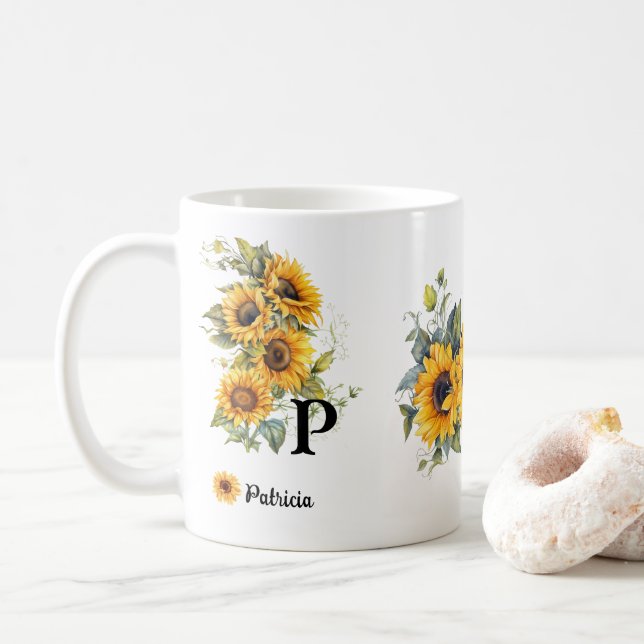 Custom Name and Initial Sunflowers Blooms Yellow Coffee Mug (With Donut)