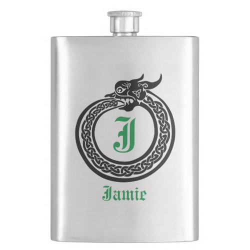 Custom Name and Monogram Celtic Style Ouroboros  F Flask