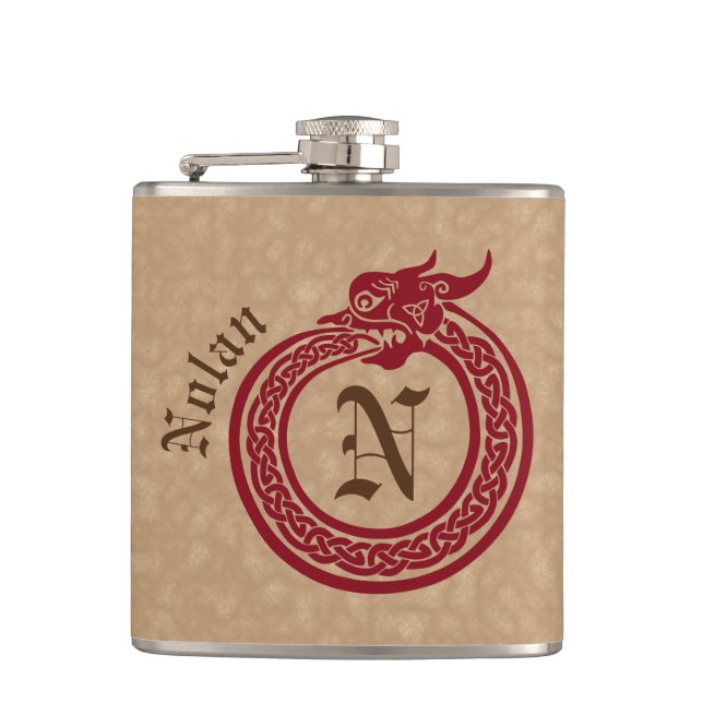 Custom Name and Monogram Celtic Style Ouroboros Flask (Front)