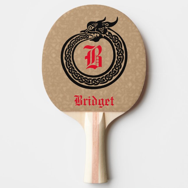 Custom Name and Monogram Celtic Style Ouroboros Ping Pong Paddle (Front)