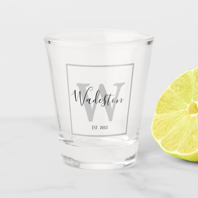 Custom Name and Monogram Established Square Design Shot Glass (Front)