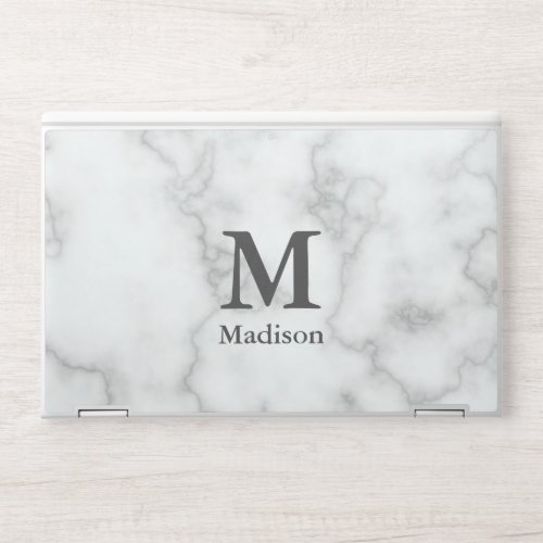 Custom Name and Monogram on Faux White Marble HP Laptop Skin