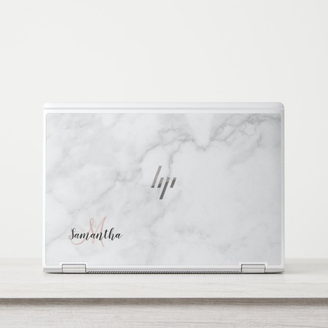 Custom Name and Monogram White Marble  HP Laptop Skin (Front)