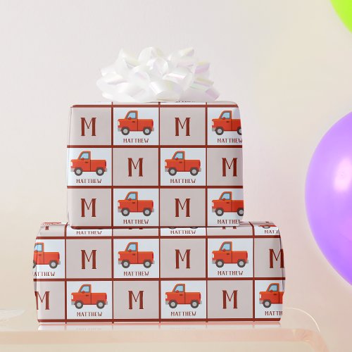 Custom Name and Monogram with Red Truck Wrapping Paper