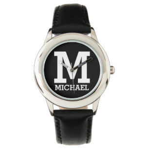 Custom Name and Monogrammed Bold Text KIds Black Watch