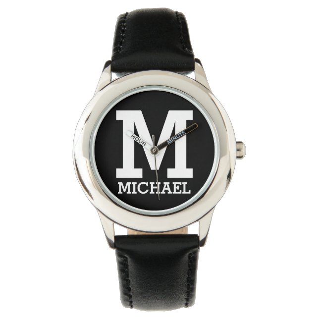 Custom Name and Monogrammed Bold Text KIds Black Watch (Front)